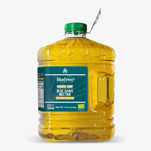 Plastic canister of IMAG Organics - 100% Blue Agave Syrup Light with with green cap and label highlighting a natural low glycemic sweetener, certified Non-GMO and organic